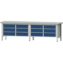 Werkbank Breite 2800 mm, Gestellbauweise, 12 Schubladen, 180 mm mit Teilauszug, Stahlblechbelagplatte ANKE