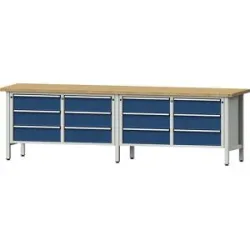 Werkbank Breite 2800 mm, Gestellbauweise, 12 Schubladen, 180 mm mit Vollauszug, Buchemassivplatte ANKE