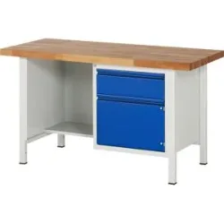 Werkbank, Gestellbauweise Serie 8500, 1 Schublade, 1 Tür, 1 offenes Fach mit zurückgesetztem Boden, Plattenbreite 1500 mm, enzianblau RAU