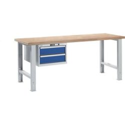 Werkbank im Baukastensystem, Höhe 740 - 1090 mm, Hängeschrank, 2 Schubladen, enzianblau, Tischbreite 2000 mm LISTA