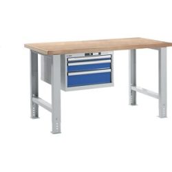 Werkbank im Baukastensystem, Höhe 740 - 1090 mm, Hängeschrank, 3 Schubladen, enzianblau, Tischbreite 1500 mm LISTA