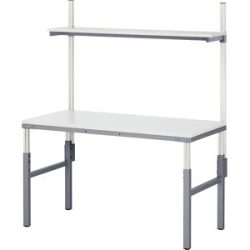 Arbeitsplatz-System, manuell höhenverstellbar von 650 - 1000 mm, Grundtisch mit Etagenbord, BxT 1800 x 900 mm RAU