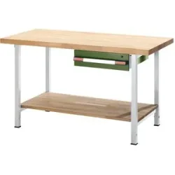 Höhenverstellbare Werkbank, Gestellbauweise, 1 Schublade, 1 Ablageboden, Breite 1250 mm, lichtgrau / resedagrün eurokraft pro