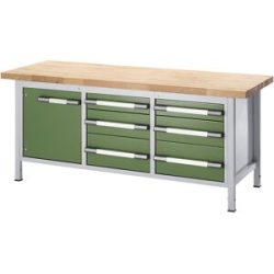 Höhenverstellbare Werkbank, Gestellbauweise, 6 Schubladen, 1 Flügeltür, Breite 2000 mm, lichtgrau / grün eurokraft pro