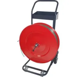 Abrollwagen Premium X, für Umreifungsbänder mit Kern-Ø 406 mm, 4 Räder, mit Radbremse & Einfädelungsstab, Stahl, rot-schwarz