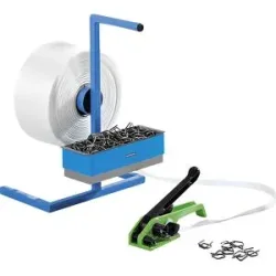kaiserkraft Umreifungs-Set, PET-Kraftband gewebt, Spanngerät, tragbarer Abroller, Metallklemmen, Band, Bandbreite 16 mm