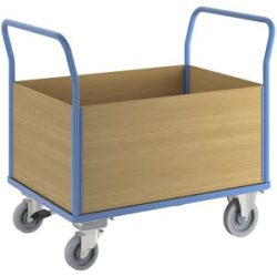 Plattformwagen mit Holzwänden, mit 4 hohen Wänden, Zentralstopp, LxB 1300 x 800 mm, Vollelastik eurokraft pro