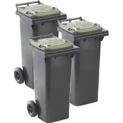 kaiserkraft Mülltonnen DIN EN 840, VE 3 Stück, Volumen 3 x 80 l Liter, anthrazit, Deckel grün