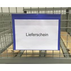 kaiserkraft Beschriftungstaschen mit Aufhängelochung, Querformat DIN A4, mit Schutzklappe, blau, VE 50 Stk, ab 2 VE