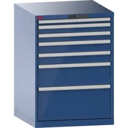 Schubladenschrank, mit Akkuladefunktion, RFID-Schloss, BxTxH 717 x 725 x 1000 mm, 7 Schubladen, 2 x 230V, enzianblau, CH LISTA