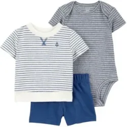 3-tlg. Set Body kurzarm, T-Shirt und Shorts Ringel
