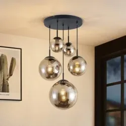 Glas Hängelampe Teeja Lindby, dimmbar, alu / grau / zink, für Wohn- / Esszimmer, Glas, Vintage, Pendelleuchte