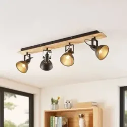 Lindby Aylis Deckenlampe, 4-flg., 82 cm, schwarz, Holz, E14 Lindby, dimmbar, Holz dunkel, für Wohn- / Esszimmer, Metall, Industrielles Design, Strahler