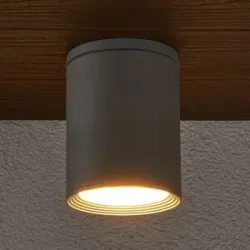 Lucande Außendeckenstrahler Minna, silber, 14 cm, IP54, E27 Minna, alu / grau / zink, Aluminium, Modern, Deckenlampe