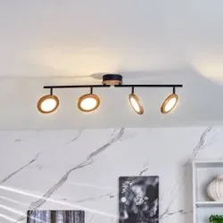 Lindby LED-Strahler Manel, Holz, 84 cm lang, 4-flammig Manel Lindby, dimmbar, Holz hell, für Wohn- / Esszimmer, Metall, Landhaus / Rustikal, LED Deckenlampe