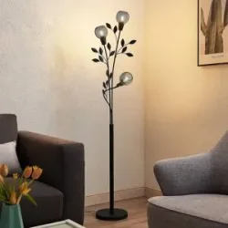 Stehlampe Kanye Lindby, schwarz, für Wohn- / Esszimmer, Metall, Florentiner, Stehlampe