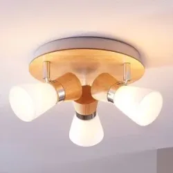 Lindby Deckenlampe Vivica, Ø 26 cm, chrom/Holz, 3-flammig Vivica Lindby, dimmbar, Holz hell, für Wohn- / Esszimmer, Holz, Skandinavisch, Deckenlampe