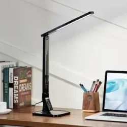 LED Schreibtischlampe Eleni Lindby, dimmbar, schwarz, für Arbeitszimmer / Büro, Kunststoff, Modern, LED Tischlampe