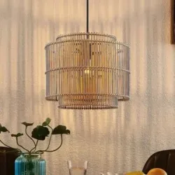 Holz Hängelampe Bridga Lindby, dimmbar, Holz hell, für Wohn- / Esszimmer, Bambus, Skandinavisch, Pendelleuchte
