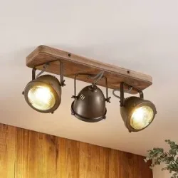 Lindby Deckenspot Farovi, schwarz, 44 cm, 3-flg., Holz, GU10 Farovi Lindby, dimmbar, schwarz, für Wohn- / Esszimmer, Holz, Industrielles Design, Strahler