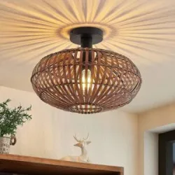 Deckenlampe Majeora Lindby, dimmbar, Holz dunkel, für Wohn- / Esszimmer, Bambus, Skandinavisch, Deckenlampe