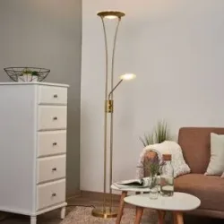 LED Deckenfluter Eda Lindby, dimmbar, messing / gold, für Wohn- / Esszimmer, Metall, Modern, LED Stehlampe