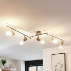Lindby Deckenstrahler Christoph, 130 cm, 5-flg., Holz, Glas Christoph Lindby, dimmbar, chrom / silber, für Schlafzimmer, Holz, Landhaus / Rustikal, Strahler