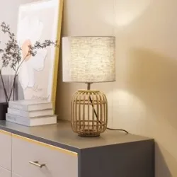 Nachttischlampe Marzanna Lindby, Holz hell, für Wohn- / Esszimmer, Textil / Stoff / Seide, Landhaus / Rustikal, Tischlampe