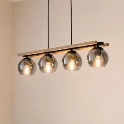 Glas Hängelampe Enrique Lindby, dimmbar, Holz hell, für Wohn- / Esszimmer, Glas, Modern, Pendelleuchte