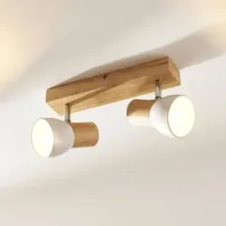 Lindby Deckenleuchte Thorin, 27 cm, 2-flg., weiß, Holz, E14 Thorin Lindby, dimmbar, Holz hell, für Wohn- / Esszimmer, Holz, Skandinavisch, Strahler