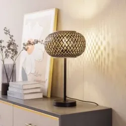 Tischlampe Nerys Lindby, Holz dunkel, für Wohn- / Esszimmer, Holz, Landhaus / Rustikal, Tischlampe