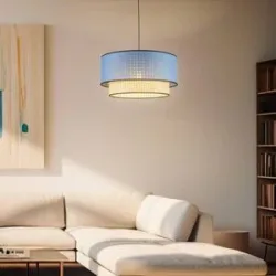 Holz Hängelampe Boho Duolla, dimmbar, Holz hell, für Wohn- / Esszimmer, Textil / Stoff / Seide, Landhaus / Rustikal, Pendelleuchte