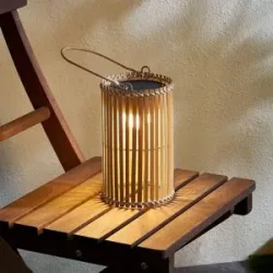 Lindby LED-Solar-Tischleuchte Amaria, Bambus, Ø 12 cm Amaria Lindby, dimmbar, Holz hell, Bambus, Landhaus / Rustikal