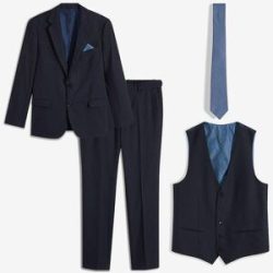 bonprix Anzug 4-teilig Set, 4 tlg. slim fit mit Sakko, Hose, Weste, Krawatte und Einstecktuch, Slim Fit Passform