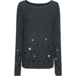 bonprix Strickpullover aus Baumwoll-Rippstrick, weiter Rundhalsausschnitt, Herzen-Stickereien