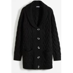 bonprix Longstrickjacke mit Schalkragen und Zopfmusterschwarz 40Damen