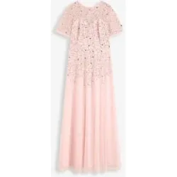 bonprix Maxikleid für festliche Anlässe, mit Tüll-Obermaterial, mit kurzem Arm