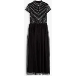 bonprix Maxikleid mit Perlenstickereischwarz 32Damen