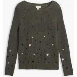 bonprix Strickpullover aus Baumwoll-Rippstrick, weiter Rundhalsausschnitt, Herzen-Stickereien