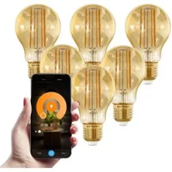 HOFTRONIC Set mit 6 Smart E27 LED-Glühlampen - 7 Watt 806 Lumen - A60 bernsteinfarbenes Glas - 1800-3000 K - dimmbar