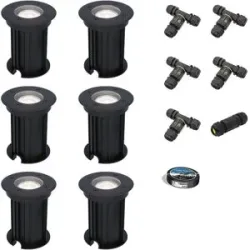 HOFTRONIC 6er Set Maisy LED Bodeneinbaustrahler außen - Ø12cm - Dimmbar - GU10 Fassung - 6500K tageslichtweiß - 4W 345lm - Rund - Bodenstrahler - Auffahrt - Schwarz - IP67 - Inklusive Installationsmaterial (Kabel & Verbinder)