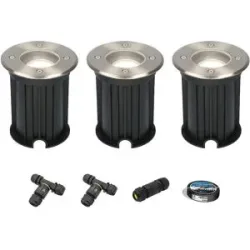 HOFTRONIC 3er Set Maisy LED Bodeneinbaustrahler außen - Ø12cm - Rund - Dimmbar - GU10 Fassung - 2700K Kaltweiß - 4W 345lm - Bodenstrahler - Edelstahl - IP67 - Inklusive Installationsmaterial (Kabel & Verbinder)