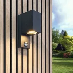 HOFTRONIC Marion PIR LED-Wandleuchte - Cube - Bewegungssensor - Dämmerungsschalter - GU10 exkl. Leuchtmittel - IP65 wasserdicht - Schwarz - Innen und Außen - 3 Jahre Garantie