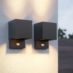 HOFTRONIC Set mit 2 Kansas LED-Wandleuchten mit PIR-Sensor - IP65 - 3000K warmweiß - 7 Watt - Up & Down-Licht - Würfel - Für außen und innen - Schwarz
