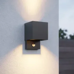 HOFTRONIC Kansas LED-Wandleuchte mit PIR-Sensor - IP65 - 3000K Warmweiß - 7 W - Up & Down - Würfel - Innen- und Außenbereich - Schwarz