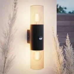 HOFTRONIC Blaze - LED-Wandleuchte - Inkl. Dämmerungsschalter & Bewegungsmelder - Up & Down Light - E27-Fassung - IP44 wasserdicht - Rauchglas