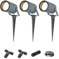 HOFTRONIC 3er Set Spikey LED Gartenstrahler mit Erdspieß - GU10 4 Watt 345 lumen - Dimmbar - Schwenkbar - 2700K warmweiß - IP65 Wasserdicht - Anthrazit - Erdspießstrahler - Außenstrahler - Inklusive Installationsmaterial (Kabel & Verbinder)