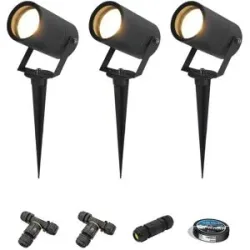 HOFTRONIC 3er Set Spikey LED Gartenstrahler mit Erdspieß - GU10 4 Watt 345 lumen - Dimmbar - Schwenkbar - 2700K warmweiß - IP65 Wasserdicht - Schwarz - Erdspießstrahler - Außenstrahler - Inklusive Installationsmaterial (Kabel & Verbinder)
