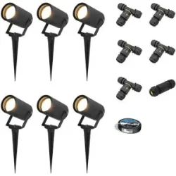 HOFTRONIC 6er Set Spikey LED Gartenstrahler mit Erdspieß - GU10 4 Watt 345 lumen - Dimmbar - Schwenkbar - 2700K warmweiß - IP65 Wasserdicht - Schwarz - Erdspießstrahler - Außenstrahler - Inklusive Installationsmaterial (Kabel & Verbinder)