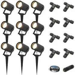HOFTRONIC 9er Set Spikey LED Gartenstrahler mit Erdspieß - GU10 4 Watt 345 lumen - Dimmbar - Schwenkbar - 2700K warmweiß - IP65 Wasserdicht - Schwarz - Erdspießstrahler - Außenstrahler - Inklusive Installationsmaterial (Kabel & Verbinder)